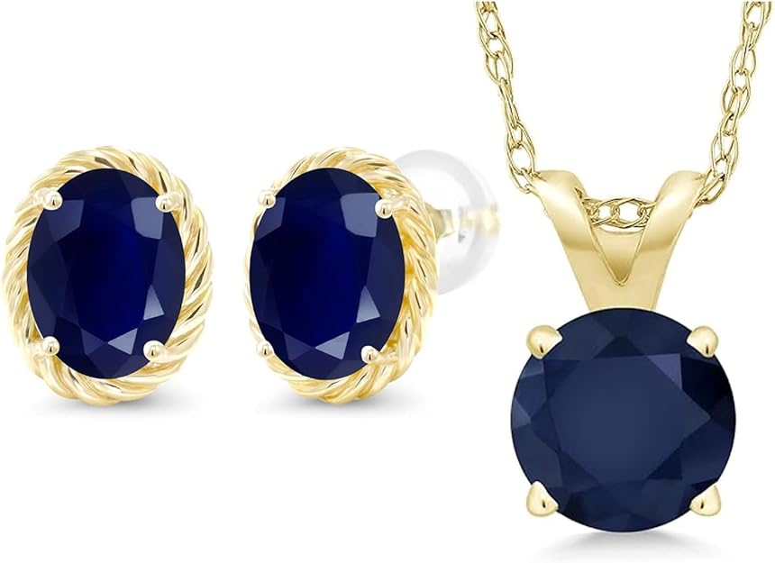 Gem Stone King Blue Sapphire Stud Earrings and Solitaire Pendant Necklace Set in 14K