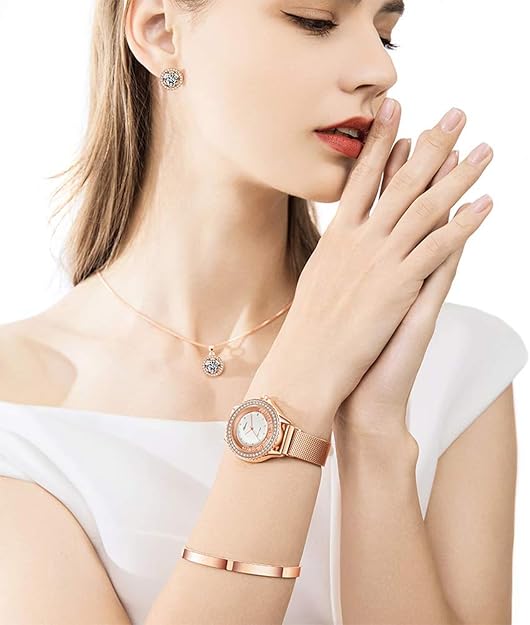 4 Pieces Rose Gold Women's Watch Necklace Earring Bracelet Birthday Gifts for Women's Jewelry Sets for Wife, Girlfriend & Mom