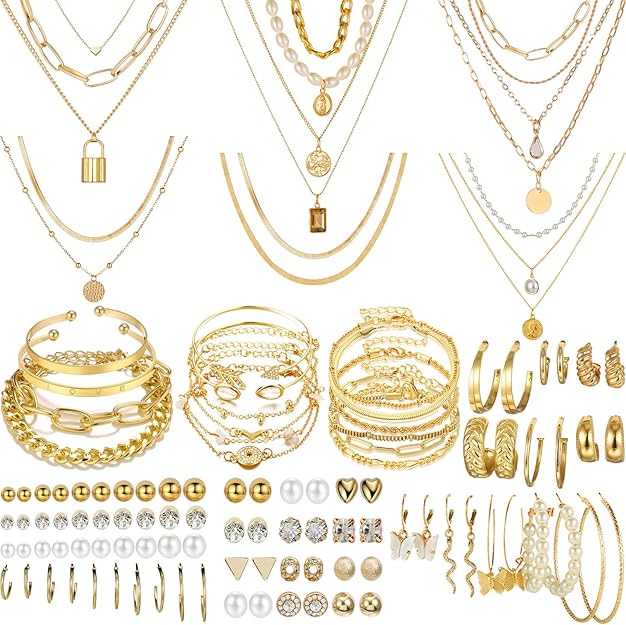 69 Pieces Gold Jewelry Set Fashion, Costume Jewelry Gold Plated Necklace Bracelet Earrings Set for Women