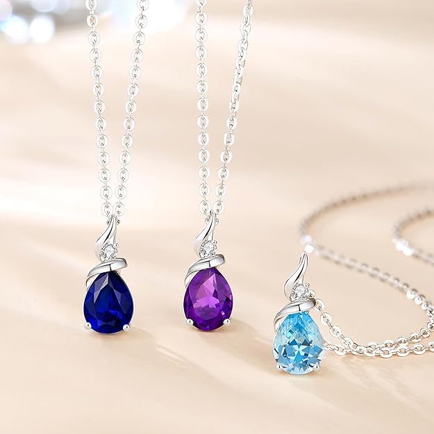 FANCIME 14K Solid White Gold Birthstone Pendant Necklace for Women with Diamond Pear Shaped Teardrop Necklace