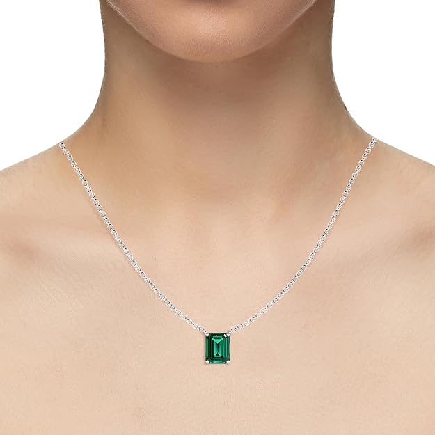 Lab Grown Emerald Emerald-Cut Solitaire Pendant Necklace for Women in Silver/Gold/Platinum