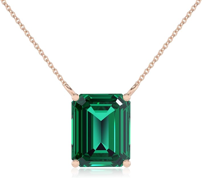 Lab Grown Emerald Emerald-Cut Solitaire Pendant Necklace for Women in Silver/Gold/Platinum