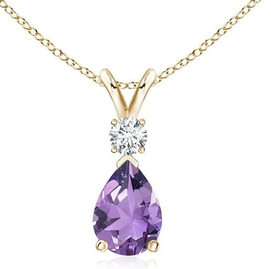 Angara Amethyst Teardrop V-Bale Necklace with Diamond in Sterling 14K Solid Gold