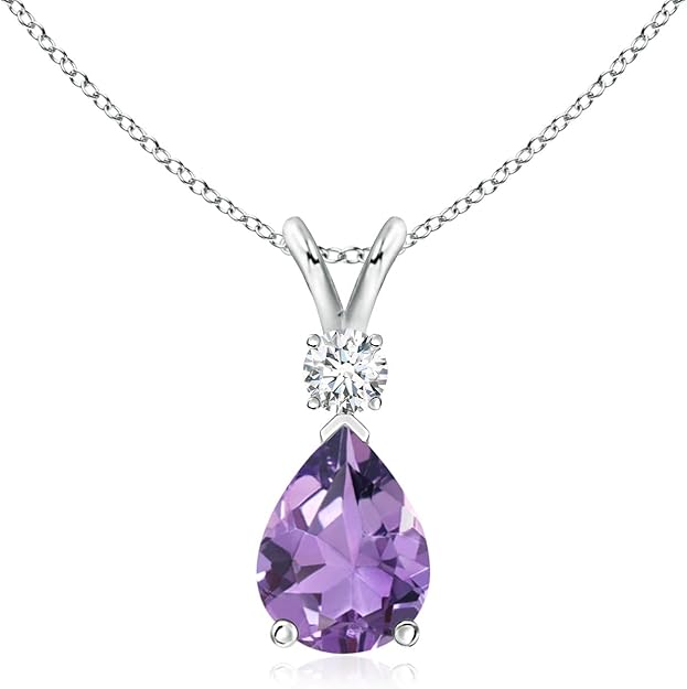 Angara Amethyst Teardrop V-Bale Necklace with Diamond in Sterling 14K Solid Gold